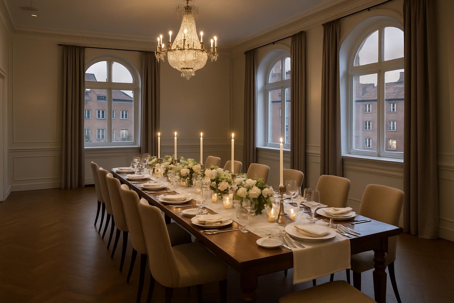 Festbord pyntet med hvide stagelys