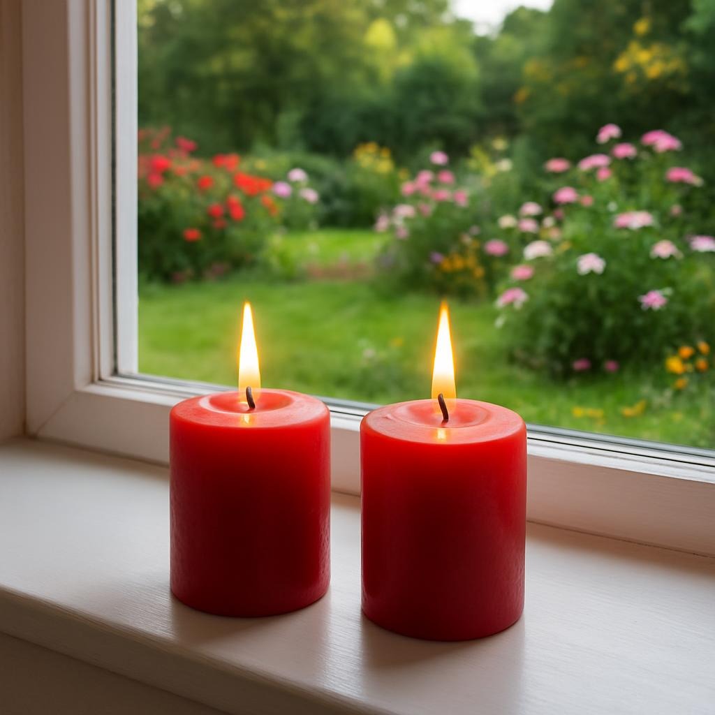 Runde røde bloklys i vindueskarm med udsigt til have med blomster